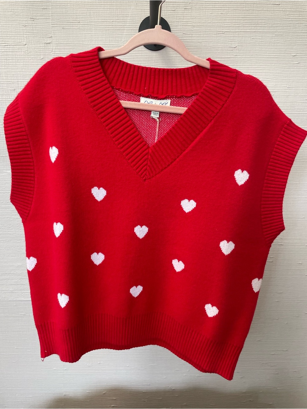 She + Sky Red V-Neck Heart-Print Sweater Vest
